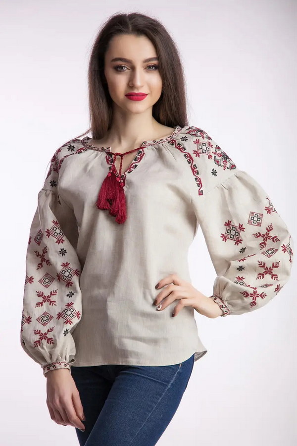 Gray embroidered shirt Fern flower 100% linen